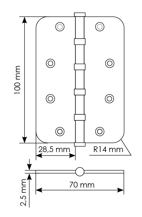 Петля стальная MSN-C 100X70X2.5-4BB SG скругленная универсальная с подшипником, вес полотна до 40 кг, цвет матовое золото фото купить в Южно-Сахалинске
